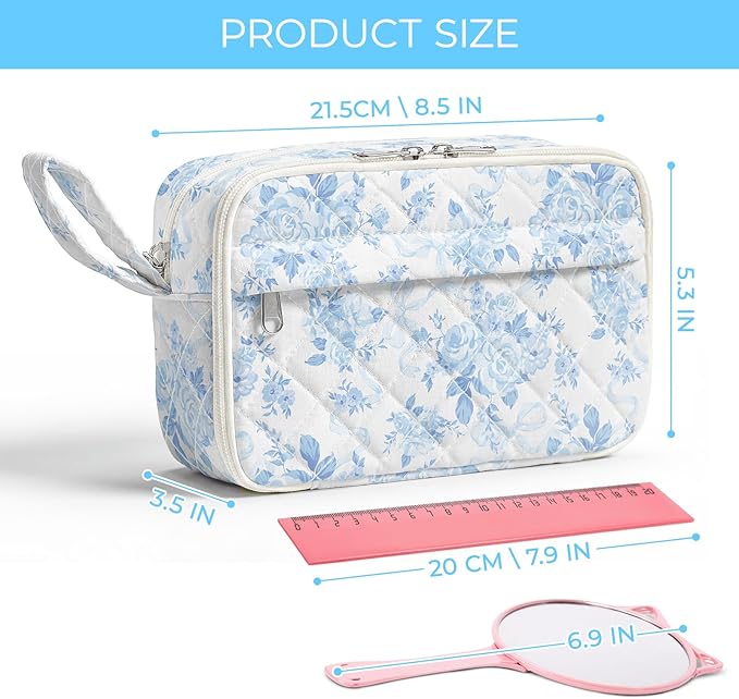WOBAGMEN Quilted Pencil Pouch for Girls Women, Large Pencil Case Pouch with Compartments Cute Aesthetic Pencil Case Organizer, Floral Pencil Bag for School Supplies (Blue Floral Bow)