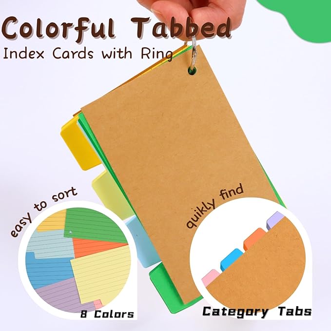 200PCS Tabbed Index Cards with Ring 3x5: Lined Colored Flash Card with Tabs, Assorted Colors Thicken Notecards School Supplies for Students Study Note Office Essentials (ColorA+ColorB, 200PCS)