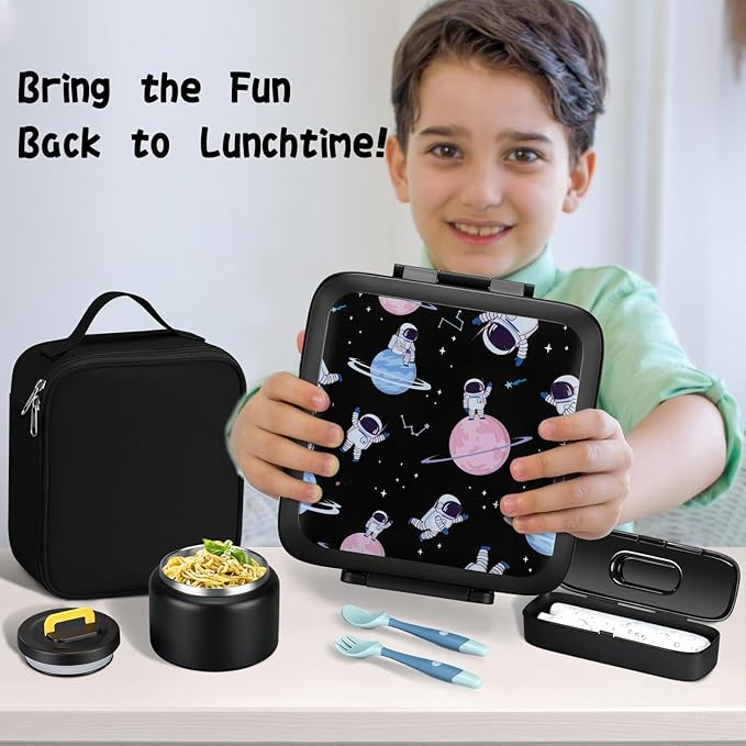JXXM Bento Lunch Box for Kids With 8oz Soup Thermo,Leak-proof Lunch Containers with 5 Compartment,Thermo Food Jar and Lunch Bag, Food Containers for School (A-Black(Circumnavigate Space))