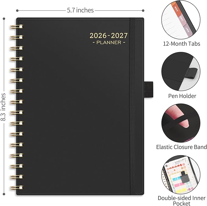 RETTACY Academic Planner 2026-2027, Weekly and Monthly, July 2026 - June 2027, Medium Size (5.7" x 8.3"), Calendar, Agenda, 12-Month Tabs, for Student, Teacher, School (Black)