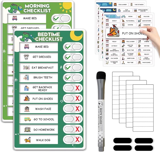 Upgraded Slider Morning/Bedtime Routine Chart for Kids Toddlers - Magnetic Kids Chore Chart for 2 Kids, Dry Erase Chore Chart for Kids, Visual Schedule for Kids
