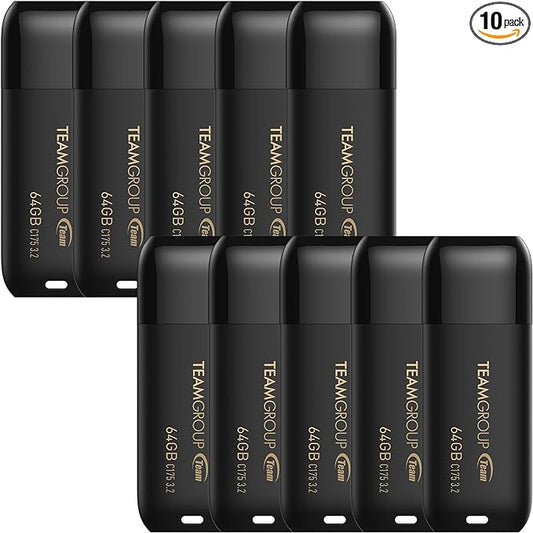 TEAMGROUP C175 64GB 10 Pack USB 3.2 Gen 1 (USB 3.1/3.0) Read 100MB/s Flash Thumb Drive, External Data Storage Memory Stick Compatible with Computer/Laptop Matte Black TC175364GB23