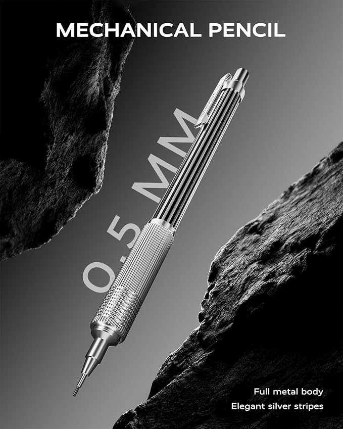 STAGEEK 0.5mm Mechanical Pencil with Metal Gift Case, 1PCs Metal Mechanical Pencil with 120PCS HB Lead Refills,4B Erasers and 9PCS Eraser Refills, for Writing Drafting Drawing and Sketching(Silver)