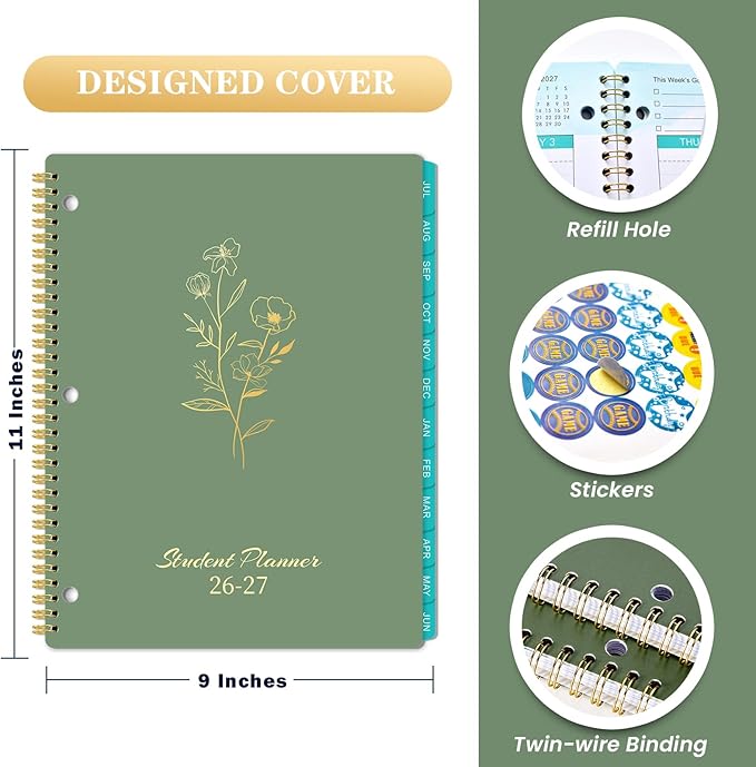 Student Planner 2026-2027 - School Planner 2026-2027, JULY 2026 - JUNE 2027, 9” x 11”, Weekly and Monthly Planner with Holidays, Tabs, Pocket, 3-Hole Punched Academic Calendar