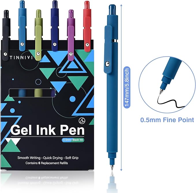 Gel Pens, 6 Pack 0.5mm Fine Point Pen Black Ink with 6 Refills, Quick Dry & No Smear, Smooth Writing Pens for Journaling, Back to School Supplies Office Desk Accessories Gifts for Nurse Women
