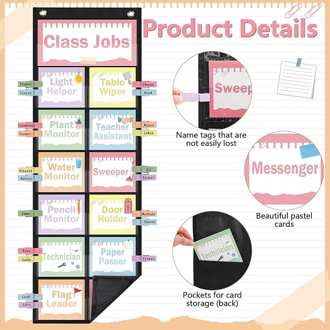 Pasimy Pastel Class Jobs Pocket Chart Class Helpers Pocket Chart Classroom Jobs Cards with Clips and Hooks Teacher Helper Bulletin Board Set for Back to School Classroom Teacher Supplies