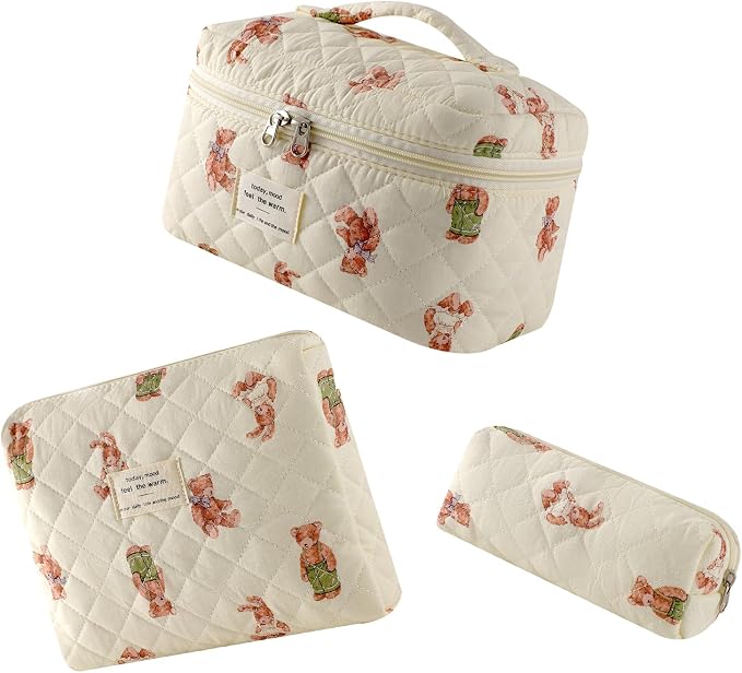 uekeboag Large Travel Quilted Makeup Bag for Women | Soft Floral Cotton Cosmetic Bag, Foldable Coquette Aesthetic Toiletry Organizer