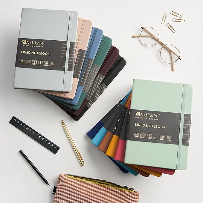 &And Per Se Lined Notebooks 3-Pack Gift Set, A5 Hardcover Journals, 160 Pages 100gsm Thick Paper, 3 Assorted Colors (Brown, Blue, Green) – Gift for Men