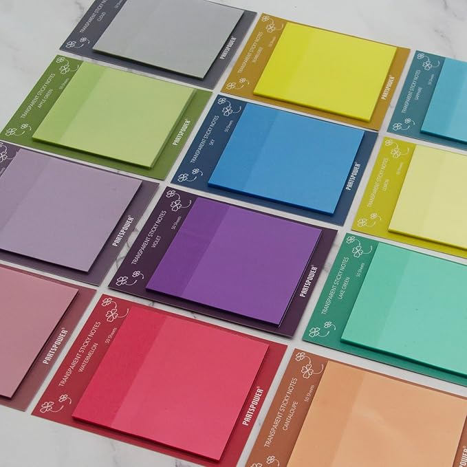 PARTSPOWER Super Transparent Sticky Notes, Jewel Tones 3X3 Inch 12 Packs See Through Annotating Sticky Notes for Annotating, Bible Study Supplies, Office School Supplies, 3 Sets 12 Pads
