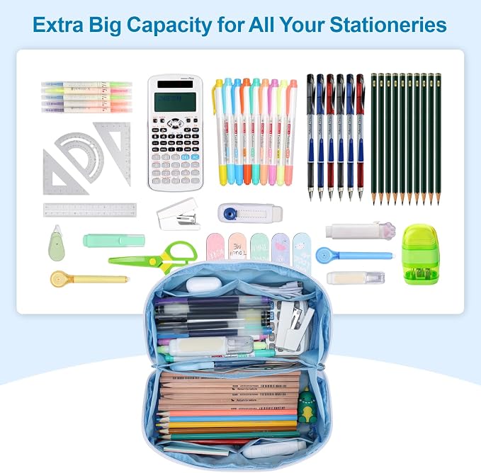 Large Capacity Pencil Case - Pencil Pouch for Teen Girls & Boys, Aesthetic Pouch Organizer with 8 Compartments, Wide Opening Marker Bag for Middle High School College, Fits Calculator, Blue