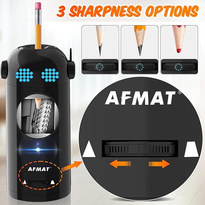 AFMAT Electric Pencil Sharpener, Fully Automatic Colored Pencil Sharpener for 7-11.5mm Pencils, Auto in & Out, Robot Pencil Sharpeners for Kids, Rechargeable Hands-Free with Dotted Eyes, PSX5ET, Black