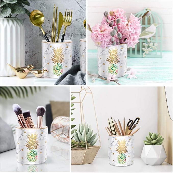 Large Capacity Colored Pencil Holder for Desk, Pineapple Pen Cup Holder, Pretty Office Accessories for Girls Women, Ceramic Organizers, Makeup Brush Holder for Home, Green Pineapple