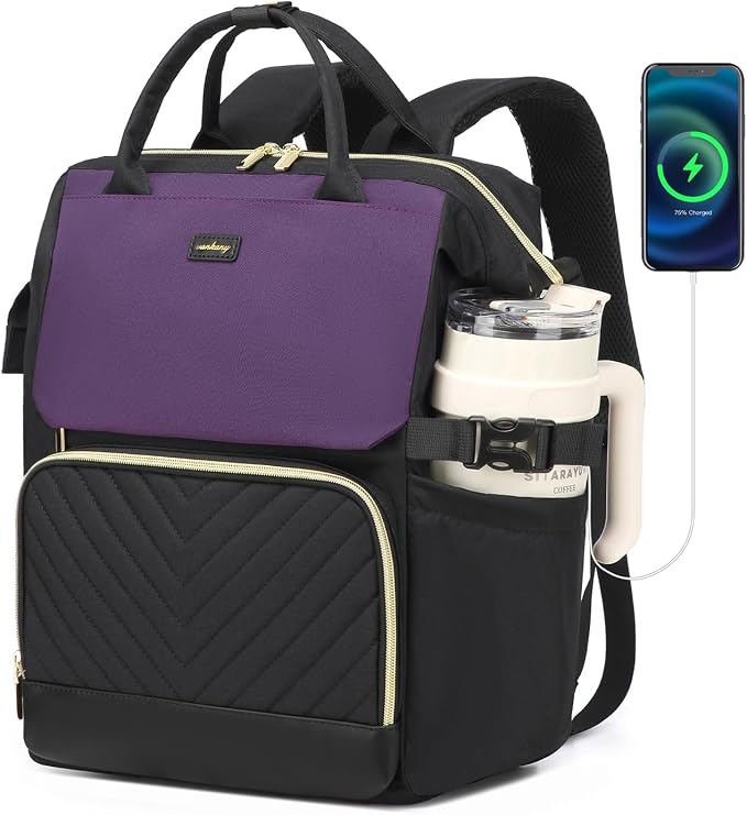 Computer Backpack for Women, Work Bag Laptop Bookbag with Cup Holder & USB Charger for Teacher Nurse College Travel Back Pack, Gifts, Black DarkPurple