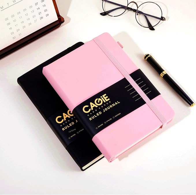 CAGIE Pink Journal Notebook for Women, 320 Pages College Ruled Notebook, 100 Gsm Paper Thick Lined Journal, A5 Hardcover Leather Journals for Writing, 5.7x8.3 In