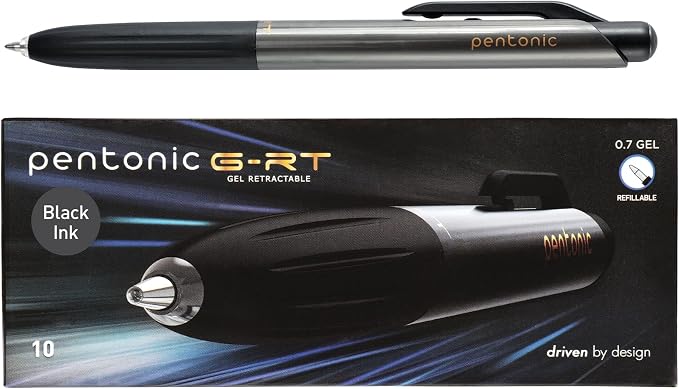 Pentonic G-RT Retractable Gel Pens, 10 Count, Black Ink, 0.7 mm Fine Point, Smooth Writing For Journaling, Note Taking, Office & School (1002363)