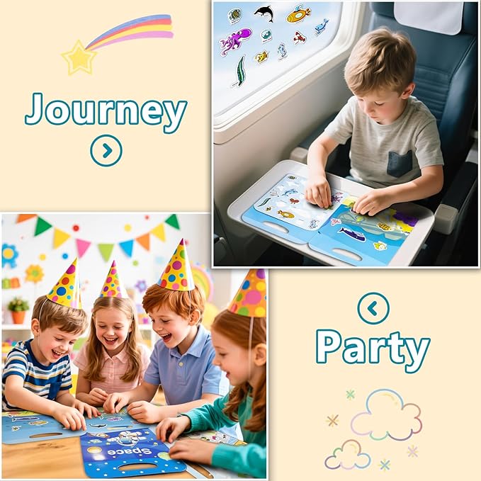 Reusable Sticker Books for Toddlers 1-3, Puffy Stickers Book for Kids Ages 2-4, Toddler Travel Essential Activities Toys for Boys Girls Birthday Christmas - Ocean, Vehicles and Space (3 Set)