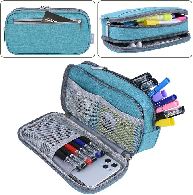 Chelory Big Capacity Pencil Case Large Pencil Bag Pouch 3 Comparments Pen Pencil Marker Cases Holder Makeup Bag Office Desk Supplies Stationery Organizer Women Men, Light Blue