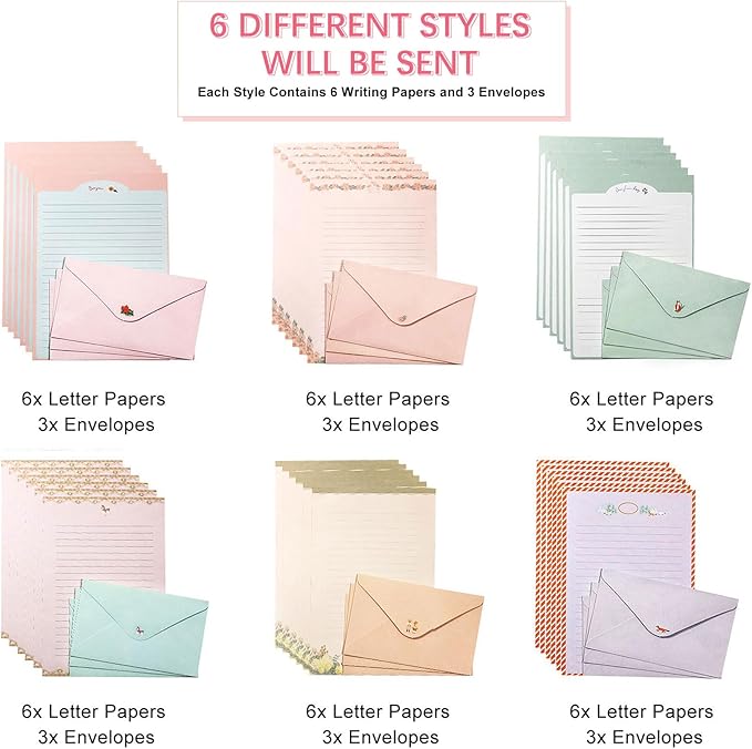 55 Pcs Stationery Paper Envelopes Set Includes 36 Lined Writing Stationery Paper & 18 Envelopes with 48 Colorful Round Stickers, Cute Vintage Letter Writing and Stationery Paper Envelopes(6 Style)