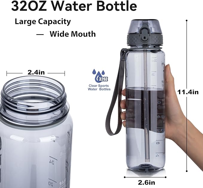 GOPPUS Water Bottles Clear Water Bottle with Straw 32oz Plastic Water Bottles BPA Free Tritan Wide Mouth Bottle Leakproof Motivational bottles water for Gym,Hiking,School or Office(1 Bottles)