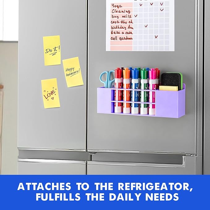 Magnetic Dry Erase Marker Holder for Whiteboard, Wall Mount Pen Holder for Refrigerator, Clear Pencil Holder for Fridge, Strong Magnet Locker Organizer for Classroom(Purple)