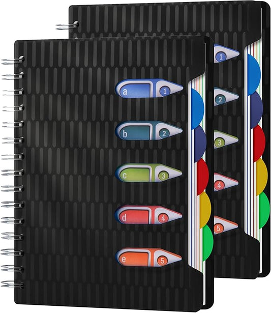 CAGIE 5 Subject Notebook with Dividers 2 Pack, 240 Pages Spiral Notebook 5x7, Small Spiral Notebook College Ruled,100gsm Lined Journal Notebooks with Tabs for Work, School,Office, Note Taking, Black