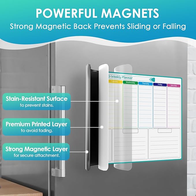 MaxGear Magnetic Fridge Calendar Whiteboard, 16"x12" Monthly and Weekly Dry Erase Board for Refrigerator, Smooth Writing and Effortless Cleaning Planner Board with 7 Markers,1 Eraser,1 Shopping List