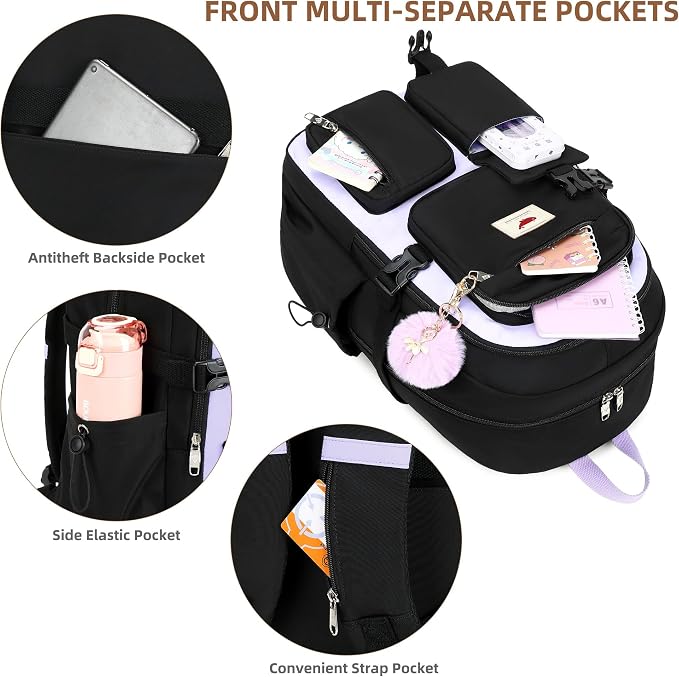 LXYGD Laptop Backpack 15.6 Inch Kids Elementary Middle High School Bag College Backpacks Anti Theft Travel Back Pack Large Bookbags for Teens Girls Women Students (Black Purple)