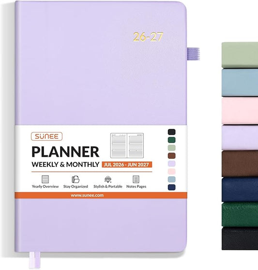 SUNEE 2026-2027 Weekly & Monthly Hardcover Planner 5.5" x 8.3" - 12 Month (July 2026 - June 2027), Small Academic Year Calendar Planner, Pocket, Notes, 100 GSM Paper, Purple