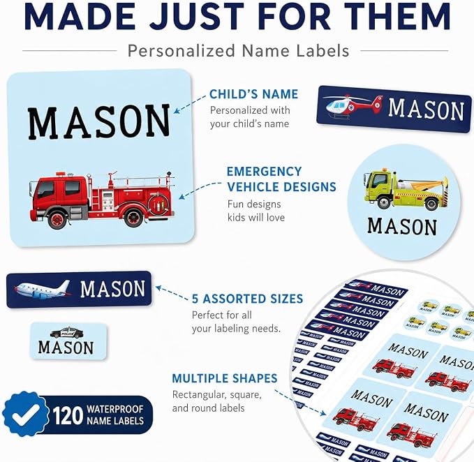 Andaz Press Custom Personalized Waterproof School Name Labels, Calling All Units, 120-Pack, Kids Labels Combo Pack, Customizable Multi-Use Name Stickers for Preschool, Daycare, Supplies, Office