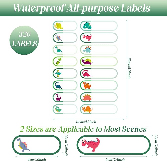 Waterproof Name Labels for Kids Daycare 320 Pcs, Dinosaur | Self Adhesive Baby Water Bottle Stickers for School Supplies, Self Laminating, School Name Stickers for Lunch Boxes