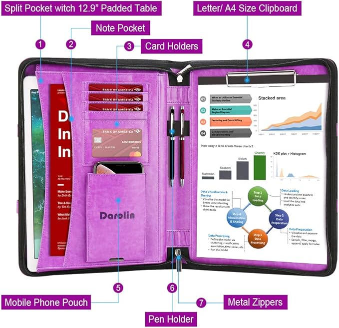 Darolin Vegan Leather Padfolio Portfolio with Handle & Clipboard, Zippered Business Portfolio Organizer for Meetings, Interviews & Travel, Fits A4 & Letter Size, Padfolio for Men Women (Purple)