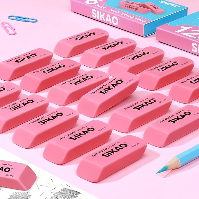 Pink Erasers, 6 Pack Pencil Erasers for Kids – Latex-Free & Smudge-Free Beveled Rubber Erasers for School Supplies, Classroom, Art & Homework