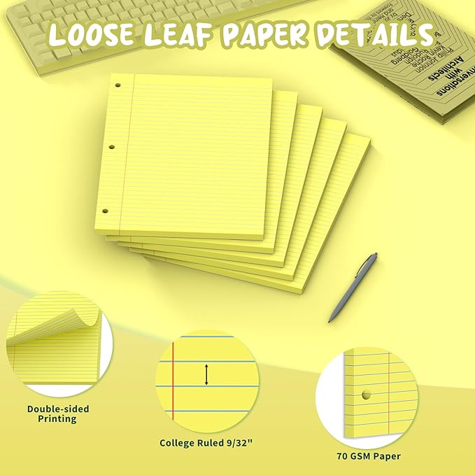 Yellow Loose Leaf Paper 8 x 10.5, 120 Sheets Lined Paper College Ruled Paper, 3 Hole Punched Notebook Paper College Ruled, 3 Ring Binder Paper 8 x 10.5, Filler Paper College Ruled for Office, School