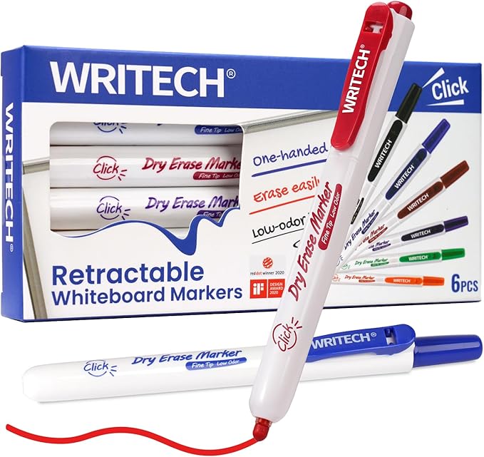 WRITECH Retractable Dry Erase Markers: Fine Point Clickable Colored Ink Marker Low Odor Erasable Thin Tip Refillable Multicolor Whiteboard Marker Pen Set 6ct No Smear Bleed