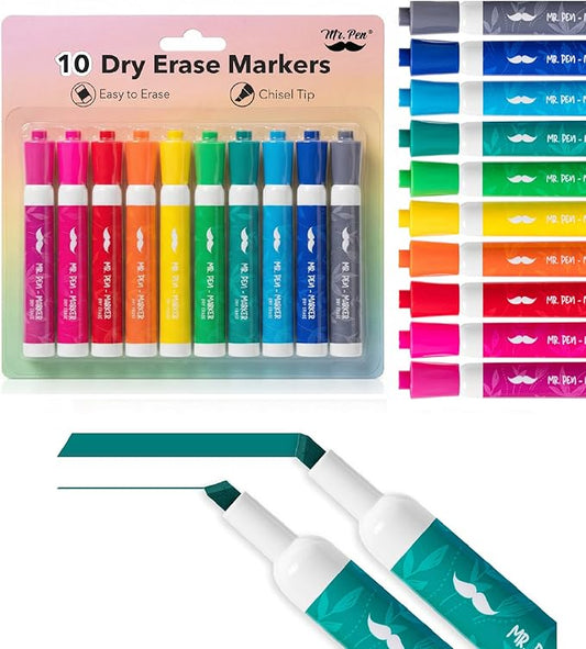 Mr. Pen- Dry Erase Markers, 10 Pack, Assorted Colors, Low Odor Ink, Chisel Tip, White Board Markers Dry Erase, Ideal for Classroom, Back to School Supplies, Teachers, Office, Whiteboard & Home
