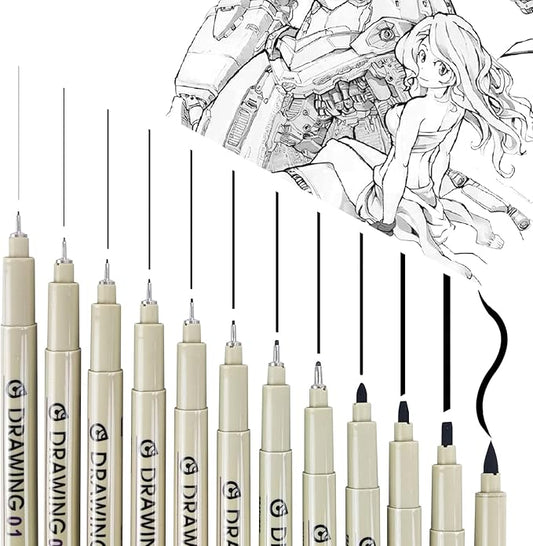 12Pcs Black Micro Pen Set, Micro Fineliner Drawing Art Pens, Fineliner Ink Set, Micro Pens for Artist Illustration, Sketch Outline, Technical Drawing