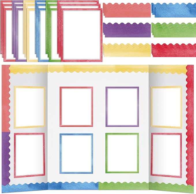 90 Pcs Science Fair Board Supplies Include 72 Trim Scalloped Bulletin Borders 18 Presentation Board Subtitles for Classroom Office Display(Watercolors)