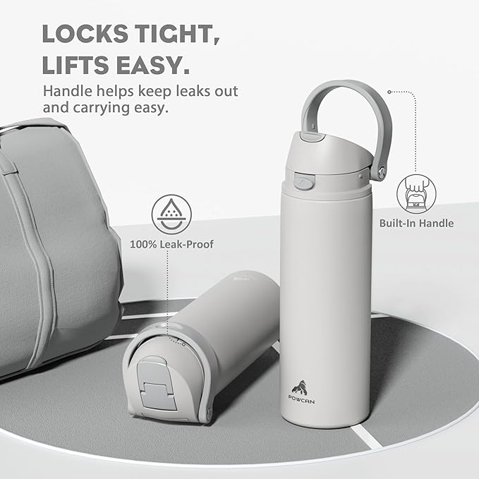 POWCAN 24 oz Metal Water Bottle with Straw for Travel: 100% Leakproof, Quick Open Lid, Keep Cold for 24 Hours, Car Cup Holder Friendly, Insulated Vacuum Flask for Commute, Workouts, Gift (Stone White)