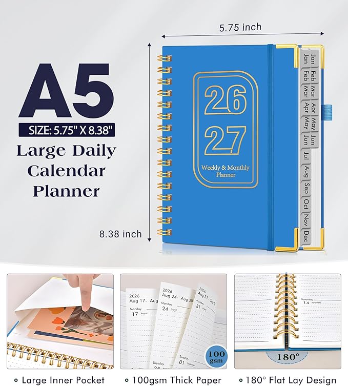 Planner 2026-2027, 18 Months Weekly and Monthly Hardcover Planner, January 2026 - June 2027, 5.75" x 8.38" A5 Daily Calendar Planner Book with Tabs, Spiral Yearly Agenda Organizer Notebook for School Work Home, Navy