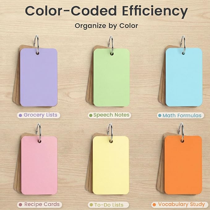 Koogel 300PCS Flash Cards with Key Ring, Colored Index Cards for School, 2.2 x 3.5 Inch, Small Portable Notecard for Studying Nursing Classroom Office Home Note Taking To Do List Essentials, 6 Colors