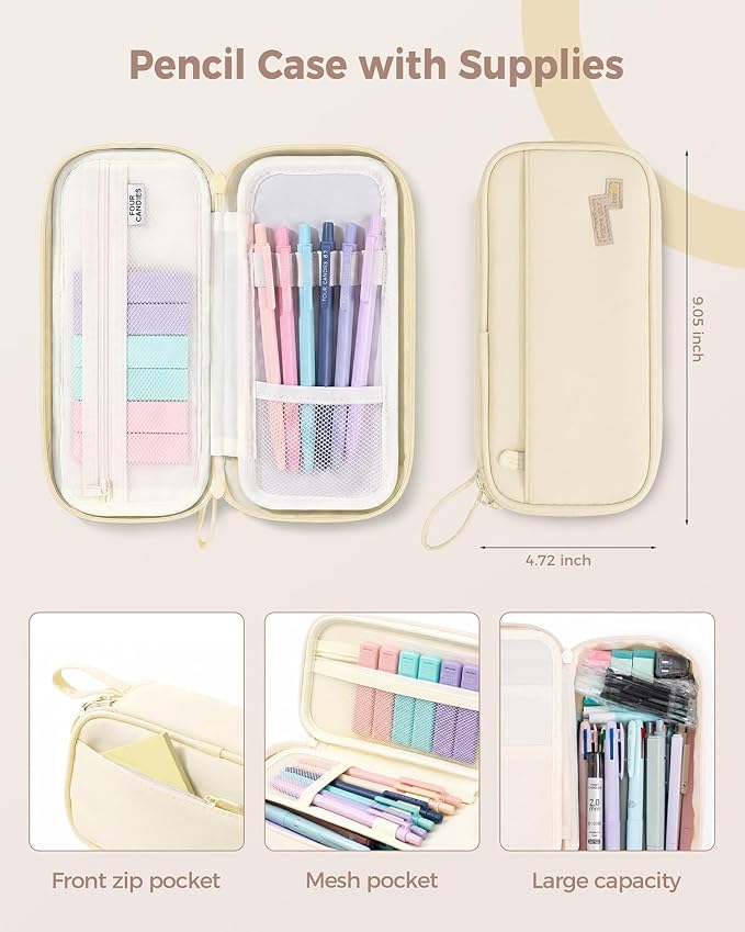 Four Candies 56 PCS Aesthetic School Supplies with Pencil Case (Cream) | 6 Multicolor Pens, 12 Pastel Highlighters, 5 Black Gel Pens, 9 Mechanical Pencils, Student Stationery Set College Essentials