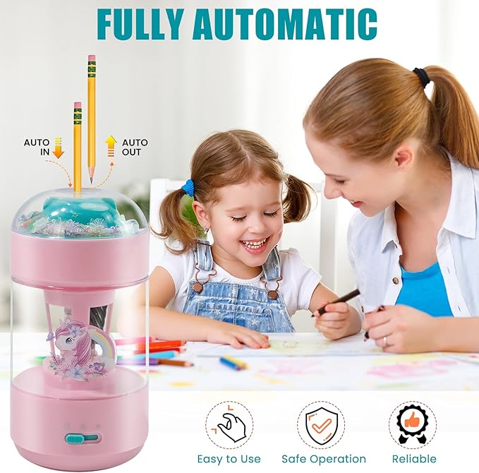 Electric Pencil Sharpener(6-8mm), Fully Automatic Colored Pencil Sharpener for Kids with Auto in & Out Rechargeable Sharpener for Classroom//Office/Home Kids Gift