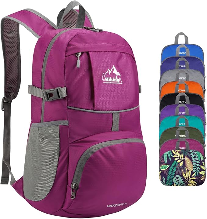 WATERFLY Hiking Packable Daypack Backpack: 25L Ultra Lightweight Day Pack for Women Men - Small Compact Folding Back Pack for Outdoor Sport Cycling Camping Travel Trip - Rose red