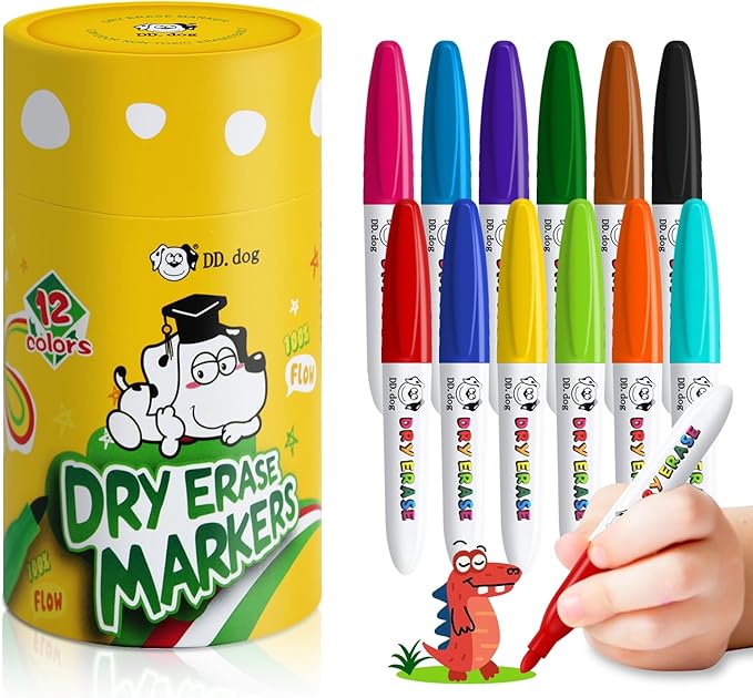 Mini Dry Erase Markers for Kids, Small 12 Colored Non-Toxic Fine Tip White board Markers, Low-Odor Whiteboard Markers Set for Classroom, Home & School Art Supplies (12 Pack)