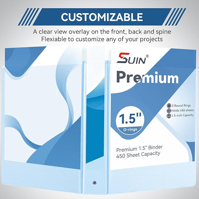 SUIN 1.5-Inch 3-Ring Binder with 2 Interior Pockets, Brushed Texture View Binders Assorted Colors, Holds 325 Sheets School Office Home, 6 Pack