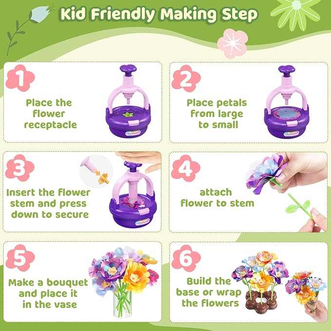 Flower Bouquet Making Kit for Kids Ages 4-8—DIY Arts and Crafts Toy, Build Your Own Flower Arrangement, Flower Press Craft Kit, Handmade Bouquet Birthday Gift for 3 4 5 6 7 8 9 Year Old Girls-[Purple]