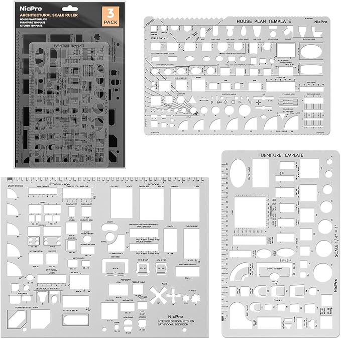 Nicpro Architectural Drafting Tools, 3 PCS Templates for House Plan Furniture Kitchen, Building, Interior Design CAD Drawing, Geometry Measuring Template Ruler Supplies