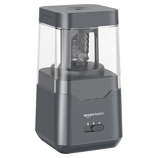 Amazon Basics Portable Electric Pencil Sharpener, Easy to Use, Versatile, Helical Blade, Auto Stop, Battery/USB Cord Operated, Black, 2.87 x 2.87 x 5.3 in