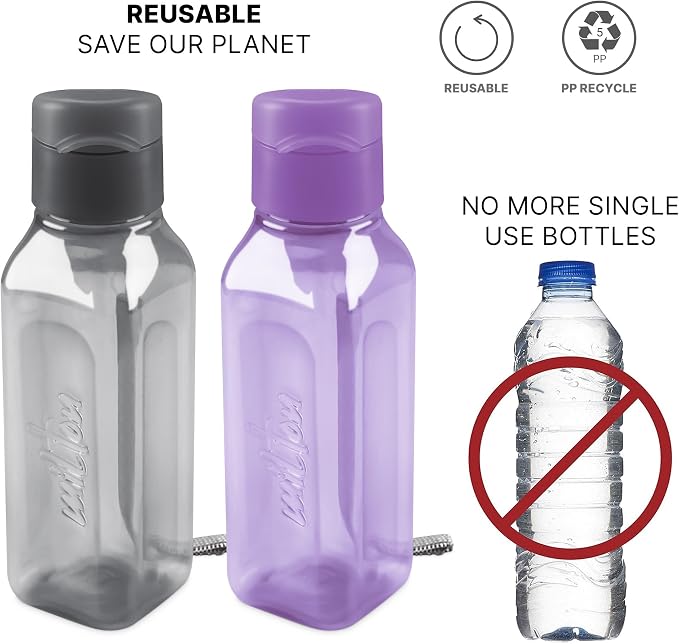 Bulk Set of 16 Multicolor 10oz Water Bottles for Kids and Adults - Leak Proof With Carry Strap - Square Reusable for Juice, Drinks - BPA-Free Dishwasher-Safe