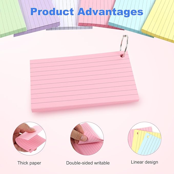 JUNART 300 PCS Index Cards, 6 Colours × 50 Sheets Kraft Cover Sturdy and Long-lasting, With 6 Key Binder Rings for Easy Carrying, Suitable for Study and Office Use